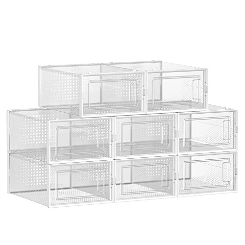 Shoe Boxes, Pack of 8 Stackable Shoe Storage Organisers, Foldable and Versatile for Sneakers, Fit up to UK Size 10.5, Transparent and White LSP08SWT