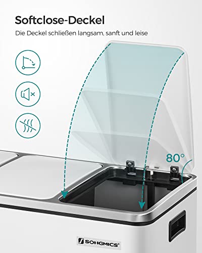 Recycling-Mülleimer, 3 x 18 l Dreifach-Küchenabfalleimer, Treteimer mit 3 Fächern, Soft-Close-Deckel, Inneneimer aus Kunststoff und Griffen, Weiß