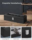 Watch Box with 6 Slots, Watch Case with Glass Lid, Velvet Watch Pillows, Watch Holder with Clasp, 11.2 x 30 x 8 cm, Gift Idea, Black Synthetic Leather, Grey Lining JWB06BK
