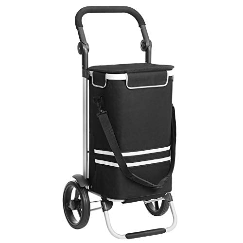 Shopping Trolley, Foldable Shopping Cart, Solid, with Insulated Cooling Bag, Large Capacity 35L, Multifunctional Luggage Cart with Wheels, Detachable Backpack, Black KST03BK