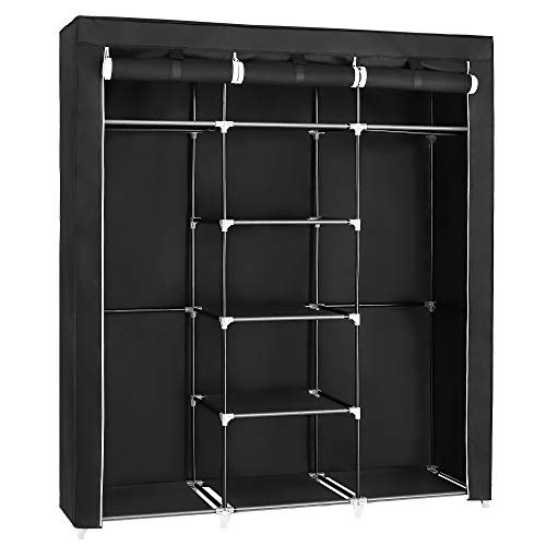 Klappgarderobe, Stoffschrank, faltbare Garderobe mit 2 Kleiderstangen, 175 x 150 x 45 cm, Schwarz, Leinwand