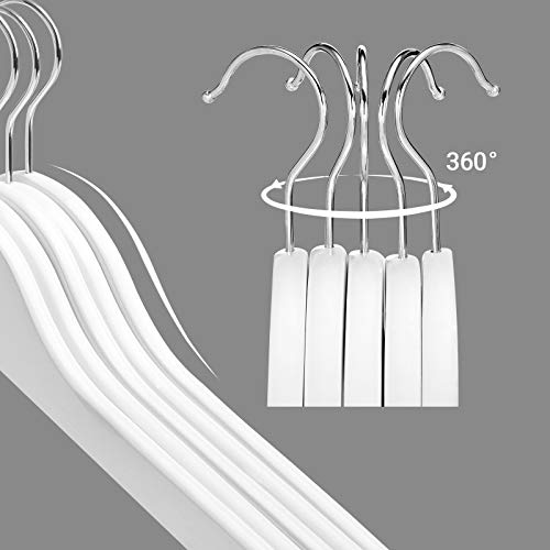 Kleiderbügel, 20er-Pack Kleiderbügel aus Holz mit eingekerbten Schultern, Kleiderbügel aus Massivholz, 360° drehbarer Haken, rutschfest, 44 cm lang, Weiß