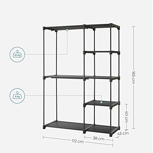 Freestanding Wardrobe, Foldable Closet, Coat Rack with Clothes Rails, Clothes Rack, Open Storage Wardrobe, Storage Organiser, Cloakroom, Bedroom, Study 112 x 43 x 165 cm, Black RYG24BK