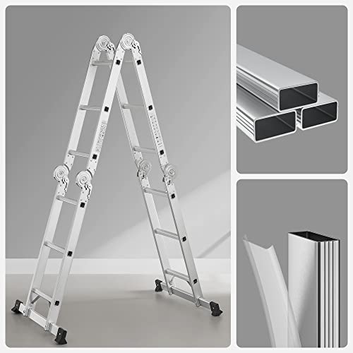 3.5 m Ladder, Multi-Purpose Aluminium Ladder with 2 Metal Plates and 12 Steps, Articulated, Holds up to 150 kg, Silver GLT36M