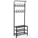 Coat Stand with 3 Shoe Racks with 18 Hooks Tube Diameter 32 mm, Metal, Black, 68.8 x 35.2 x 187 cm