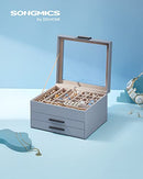 Jewellery Box with Glass Lid, 3-Layer Jewellery Organiser with 2 Drawers, Jewellery Storage, Plenty of Storage Space, Modern Style, Gift for Loved Ones, Smoky Blue JBC239BU