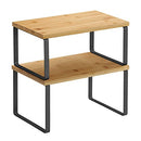 Spice Rack, Set of 2 Cupboard Shelf Organiser, Expandable Kitchen Shelf Organiser, Stackable Spice Holder, Metal and Bamboo, Black and Natural KCS02NB