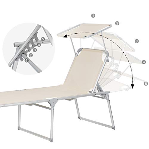 Sun Lounger, Sunbed, Large Reclining Sun Chair, 65 x 200 x 48 cm, Load Capacity 150 kg, with Reclining Backrest, Sunshade, Foldable, for Garden, Balcony, Terrace, Beige GCB26BE