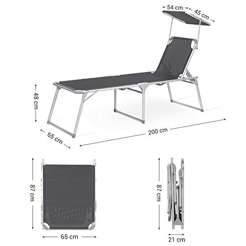 Sun Lounger, Sunbed, Large Reclining Sun Chair, 65 x 200 x 48 cm, Load Capacity 150 kg, with Reclining Backrest, Sunshade, Foldable, for Garden, Balcony, Terrace, Grey GCB26GY