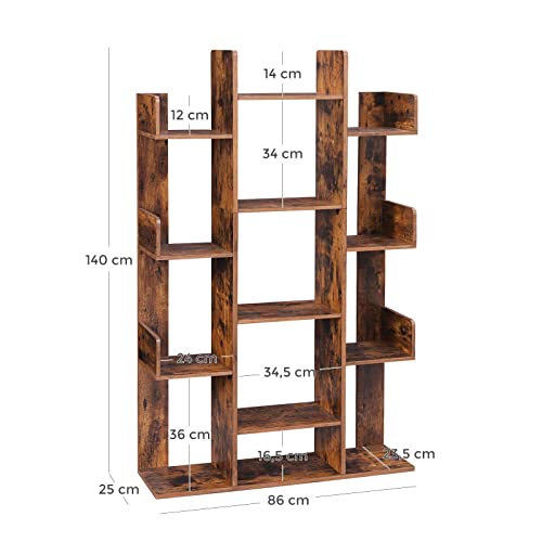 Bücherregal, Baumförmiges Bücherregal mit 13 Fachböden, 86 x 25 x 140 cm, mit abgerundeten Ecken, Rustikales Braun LBC67BXV1