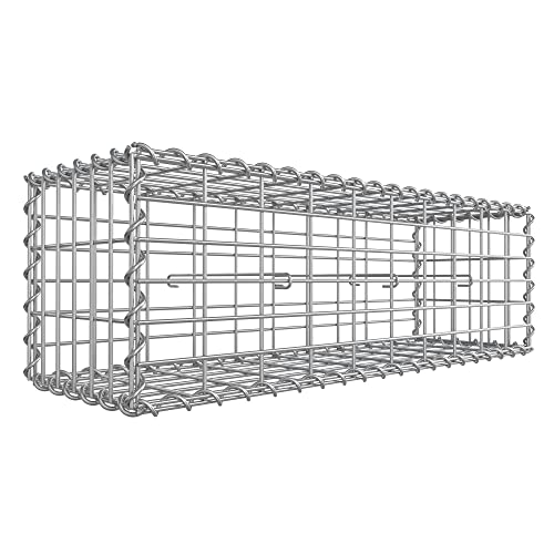 Gabion Basket, Metal Gabion Cage with 5 x 10 cm Mesh for Stones, Galvanised, Garden Decor Wall Partition, 100 x 30 x 30 cm, Silver GGB133