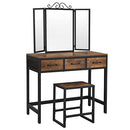 Vanity Table and Stool Set, Dressing Table with Tri-Fold Mirror, 3 Drawers, Makeup Table with Steel Frame, Industrial Style, Rustic Brown and Black RVT02BX