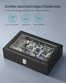 Watch Box with 12 Slots, Watch Case with Glass Lid, Watch Display Box with Removable Watch Pillows, Metal Clasp, Gift Idea, Black Synthetic Leather, Grey Lining JWB12BK
