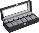 Watch Box with 6 Slots, Watch Case with Glass Lid, Velvet Watch Pillows, Watch Holder with Clasp, 11.2 x 30 x 8 cm, Gift Idea, Black Synthetic Leather, Grey Lining JWB06BK