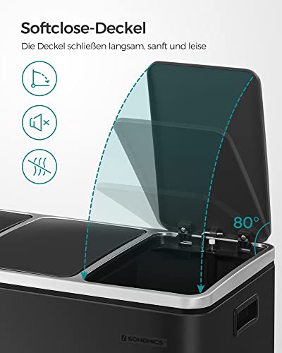 Recycling-Mülleimer, 3 x 18 l Dreifach-Küchenabfalleimer, Treteimer mit 3 Fächern, Soft-Close-Deckel, Inneneimer aus Kunststoff und Griffen, Schwarz