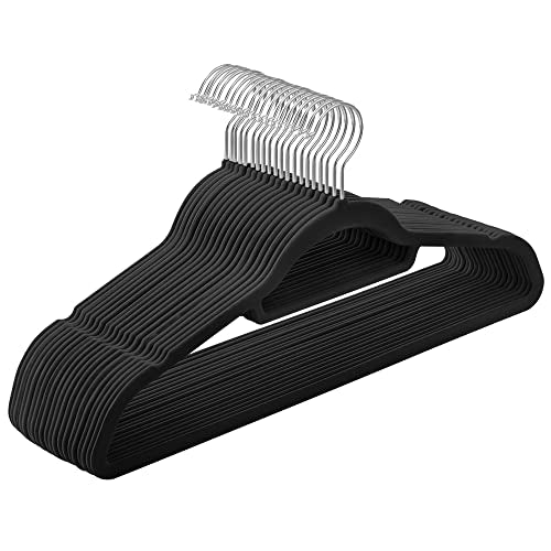 Velvet Hangers, Set of 20 Clothes Coat Hangers, Non-Slip, with Tie Bar and 360° Swivel Hook, Space-Saving, 0.6 cm Thick, 43.5 cm Long, for Dresses Trousers, Black CRF20B