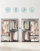 Clothes Wardrobe, Portable Closet, Clothes Garment Rack, 43 x 138 x 182 cm, 3 Hanging Rods and Shelves, Large Capacity for Bedroom, Living Room, Laundry Room, Black RYG025B02