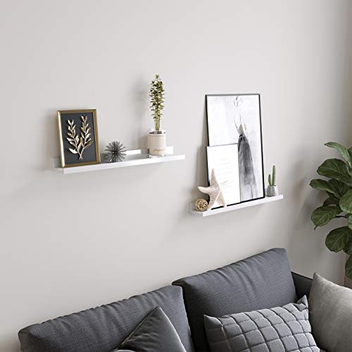 Floating Shelves Set of 2, Wall Shelves ledge with High Gloss Finish, 60 x 10 cm, for Picture Frames and Books, Living Room, Hallway, Bedroom, Bathroom, Kitchen, Office, White LWS60WT