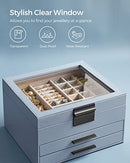 Jewellery Box with Glass Lid, 3-Layer Jewellery Organiser with 2 Drawers, Jewellery Storage, Plenty of Storage Space, Modern Style, Gift for Loved Ones, Smoky Blue JBC239BU