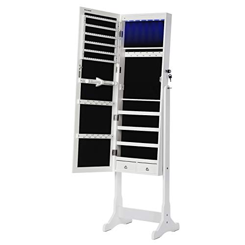 LED Jewelry Cabinet, Full Length Mirrored Jewellery Armoire, Lockable Jewellery Organiser with 2 Drawers, Sturdy and Stylish, Gift Idea, White JBC94W