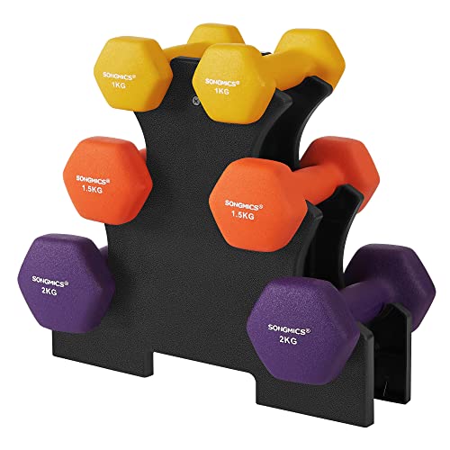 Hex Dumbbells Set with Stand, 2 x 1 kg, 2 x 1.5 kg, 2 x 2 kg, Hand Weights with Neoprene Matte Finish, for Home Exercise, Yellow, Orange, and Purple SYL69BK