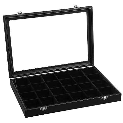 Jewellery Box, Jewellery Organiser with 24 Compartments, Ring Display Case with Velvet Lining, Jewellery Display Boxwith Glass Lid and Closure, Gift Idea, Black JDS303