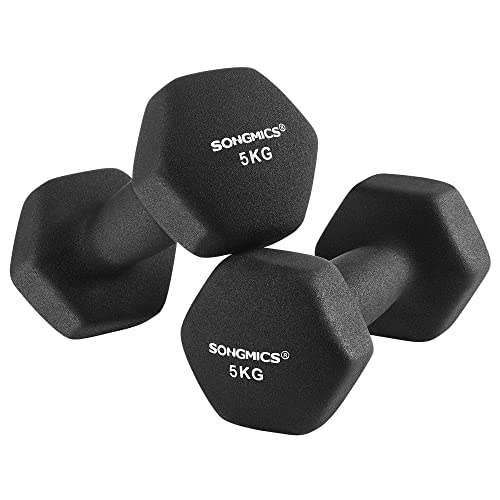 Set of 2 Dumbbells, 2 x 5 kg, Neoprene Hand Weights, Non-Slip Grip, Fitness Workouts, Black SYL60BK