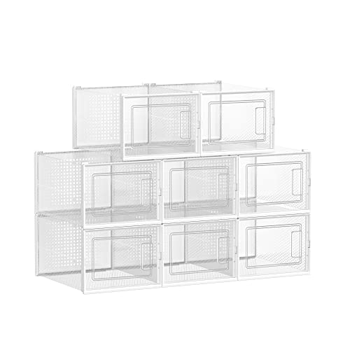 Shoe Boxes, Pack of 8 Stackable Shoe Storage Organisers, Foldable and Versatile for Sneakers, Fit up to UK Size 10.5, Transparent and White LSP08MWT