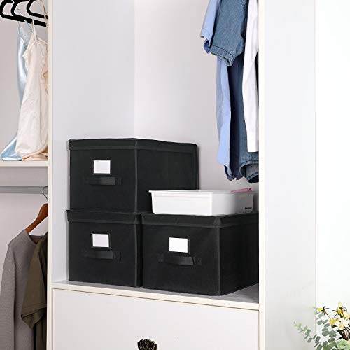 Set of 3 Foldable Storage Boxes with Lids, Fabric Cubes with Label Holders, Storage Bins Organiser, 40 x 30 x 25 cm, Black RFB03H