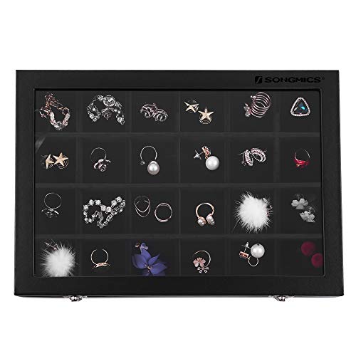 Jewellery Box, Jewellery Organiser with 24 Compartments, Ring Display Case with Velvet Lining, Jewellery Display Boxwith Glass Lid and Closure, Gift Idea, Black JDS303