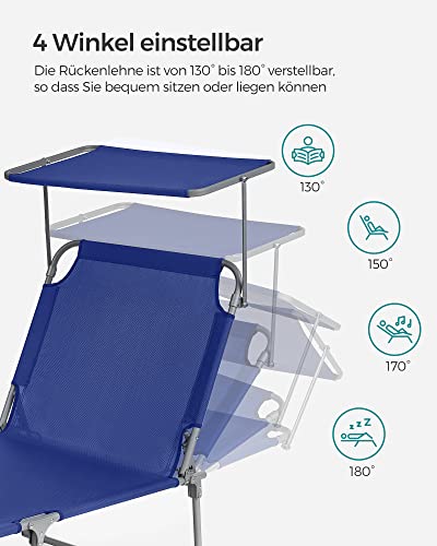 Lounger, Sunbed, Large Reclining Sun Chair, 71 x 200 x 38 cm, Load Capacity 150 kg, with Headrest, Reclining Backrest, Sunshade, Foldable, for Garden, Dark Blue GCB22BUV2