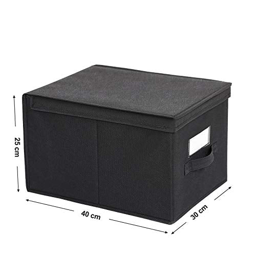 Set of 3 Foldable Storage Boxes with Lids, Fabric Cubes with Label Holders, Storage Bins Organiser, 40 x 30 x 25 cm, Black RFB03H