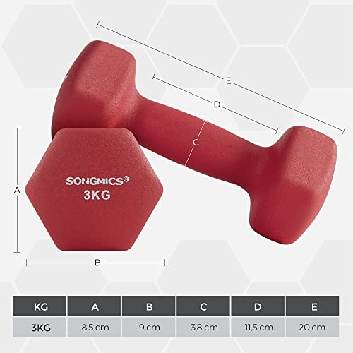 Set of 2 Dumbbells, 2 x 3 kg Non-Slip Neoprene Hand Weights with Matte Finish, Home Workout, Fitness Exercise, Red SYL66RD