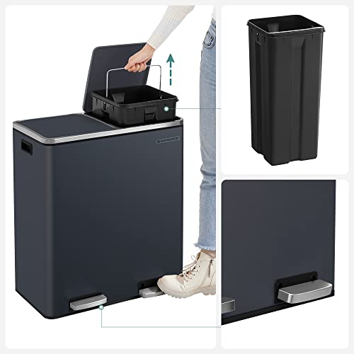 Double Rubbish Bin, 2 x 30 L Dual Compartment Kitchen Bin with 15 Rubbish Bags, Metal Pedal Bin with Plastic Inner Buckets and Lids, Soft Close, Odour Seal, Smoky Grey LTB60GS