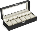 Watch Box with 6 Slots, Watch Case with Glass Lid, Velvet Watch Pillows, Watch Holder with Clasp, 11.2 x 30 x 8 cm, Gift Idea, Black Synthetic Leather, Greenish Grey Lining JWB06BE