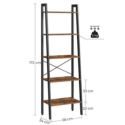 Leiterregal, 5-stufiges industrielles Bücherregal, Aufbewahrungseinheit, mit Metallrahmen, für Wohnzimmer, Küche, Rustikales Braun LLS45X