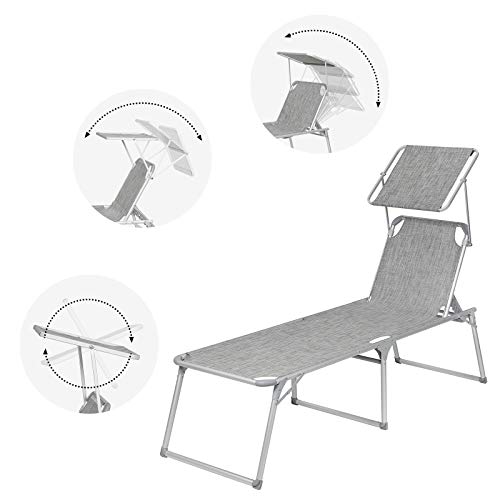 Sun Lounger, Sunbed, Large Reclining Sun Chair, 65 x 200 x 48 cm, Load Capacity 150 kg, with Reclining Backrest, Sunshade, Foldable, for Garden, Balcony, Terrace, Mottled Grey GCB26TG