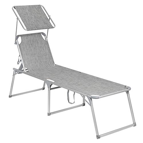 Sun Lounger, Sunbed, Large Reclining Sun Chair, 65 x 200 x 48 cm, Load Capacity 150 kg, with Reclining Backrest, Sunshade, Foldable, for Garden, Balcony, Terrace, Mottled Grey GCB26TG