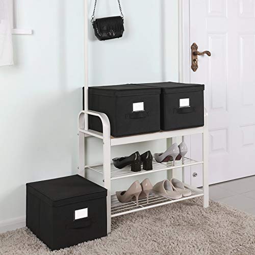 Set of 3 Foldable Storage Boxes with Lids, Fabric Cubes with Label Holders, Storage Bins Organiser, 40 x 30 x 25 cm, Black RFB03H