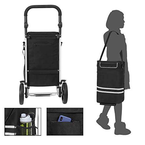 Shopping Trolley, Foldable Shopping Cart, Solid, with Insulated Cooling Bag, Large Capacity 35L, Multifunctional Luggage Cart with Wheels, Detachable Backpack, Black KST03BK