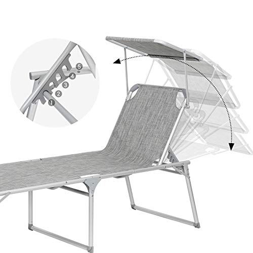 Sun Lounger, Sunbed, Large Reclining Sun Chair, 65 x 200 x 48 cm, Load Capacity 150 kg, with Reclining Backrest, Sunshade, Foldable, for Garden, Balcony, Terrace, Mottled Grey GCB26TG