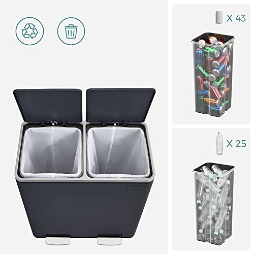 Double Rubbish Bin, 2 x 30 L Dual Compartment Kitchen Bin with 15 Rubbish Bags, Metal Pedal Bin with Plastic Inner Buckets and Lids, Soft Close, Odour Seal, Smoky Grey LTB60GS