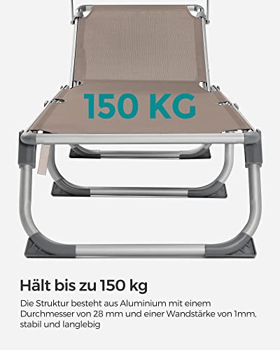 Sun Lounger, Sunbed, Reclining Sun Chair with Sunshade, Adjustable Backrest, Foldable, Lightweight, 55 x 193 x 31 cm, Load Capacity 150 kg, for Garden, Patio, Taupe Colour GCB19BR