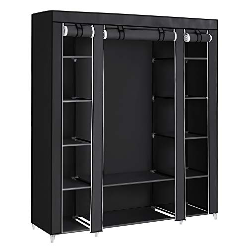 Tragbarer Kleiderschrank, faltbarer Kleiderschrank, Kleideraufbewahrungs-Organizer mit Kleiderstange, Regalen, Stoffbezug, für Schlafzimmer, Garderobe, 150 x 45 x 175 cm, Schwarz