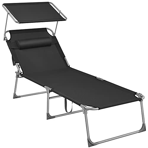 Lounger, Sunbed, Large Reclining Sun Chair, 71 x 200 x 38 cm, Load Capacity 150 kg, with Headrest, Reclining Backrest, Sunshade, Foldable, for Garden, Black GCB22BK