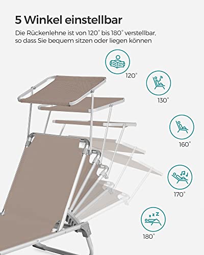 Sun Lounger, Sunbed, Reclining Sun Chair with Sunshade, Adjustable Backrest, Foldable, Lightweight, 55 x 193 x 31 cm, Load Capacity 150 kg, for Garden, Patio, Taupe Colour GCB19BR