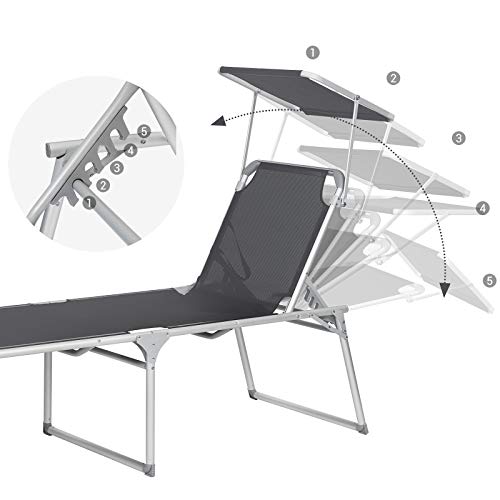 Sun Lounger, Sunbed, Large Reclining Sun Chair, 65 x 200 x 48 cm, Load Capacity 150 kg, with Reclining Backrest, Sunshade, Foldable, for Garden, Balcony, Terrace, Grey GCB26GY