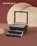 Jewellery Box with Glass Lid, 3-Layer Jewellery Organiser with 2 Drawers, Jewellery Storage, Plenty of Storage Space, Modern Style, Gift for Loved Ones, Graphite Black and Silver JBC239BK