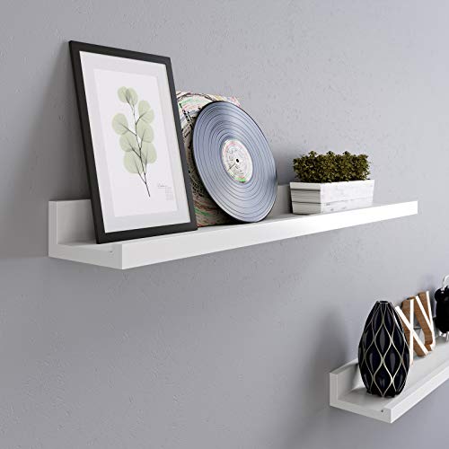 Floating Shelves Set of 2, Wall Shelves ledge with High Gloss Finish, 60 x 10 cm, for Picture Frames and Books, Living Room, Hallway, Bedroom, Bathroom, Kitchen, Office, White LWS60WT