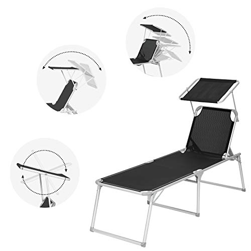 Sun Lounger, Sunbed, Large Reclining Sun Chair, 65 x 200 x 48 cm, Load Capacity 150 kg, with Reclining Backrest, Sunshade, Foldable, for Garden, Balcony, Terrace, Black GCB26BK